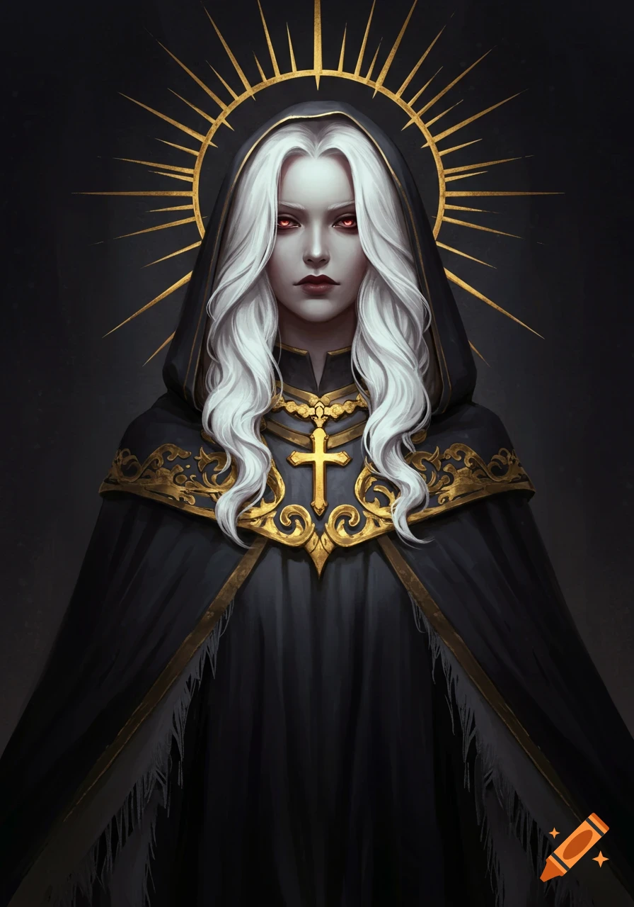 A mysterious woman with white hair and red eyes in a black hooded robe with gold trim, wearing a golden cross and halo.