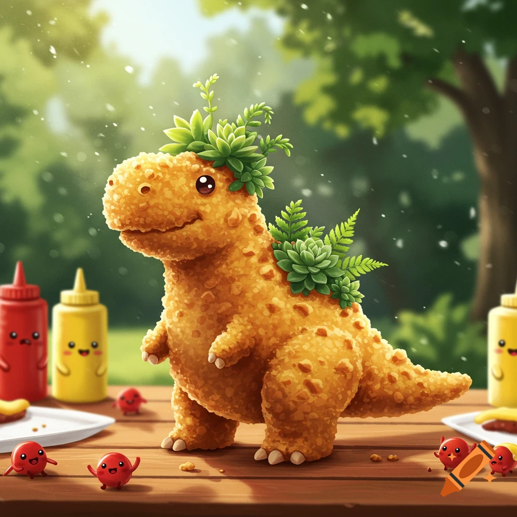 Cute illustration of a chicken nugget dinosaur wearing a succulent and fern crown, standing on a picnic table in a sunny park.