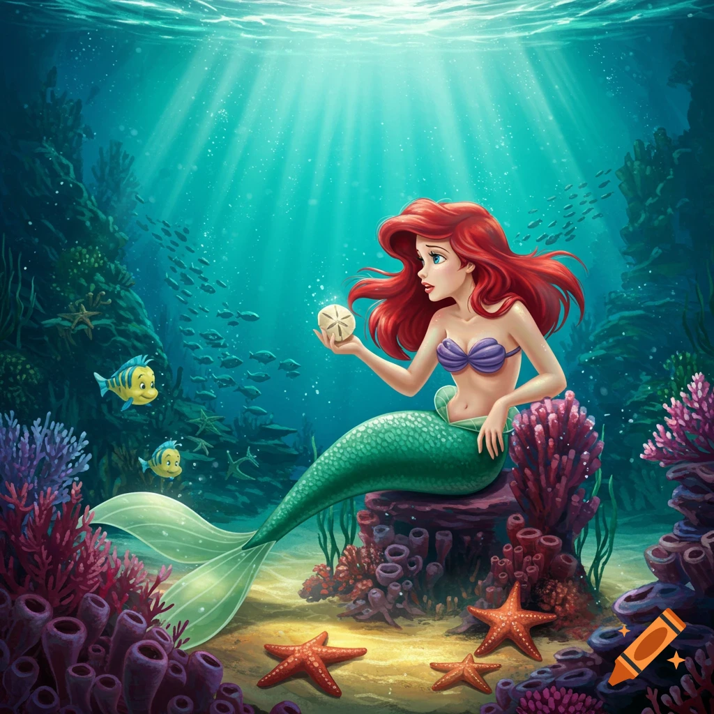 Cartoon of Ariel the Little Mermaid sitting on an underwater rock, holding a sand dollar, with fish and coral surrounding her.