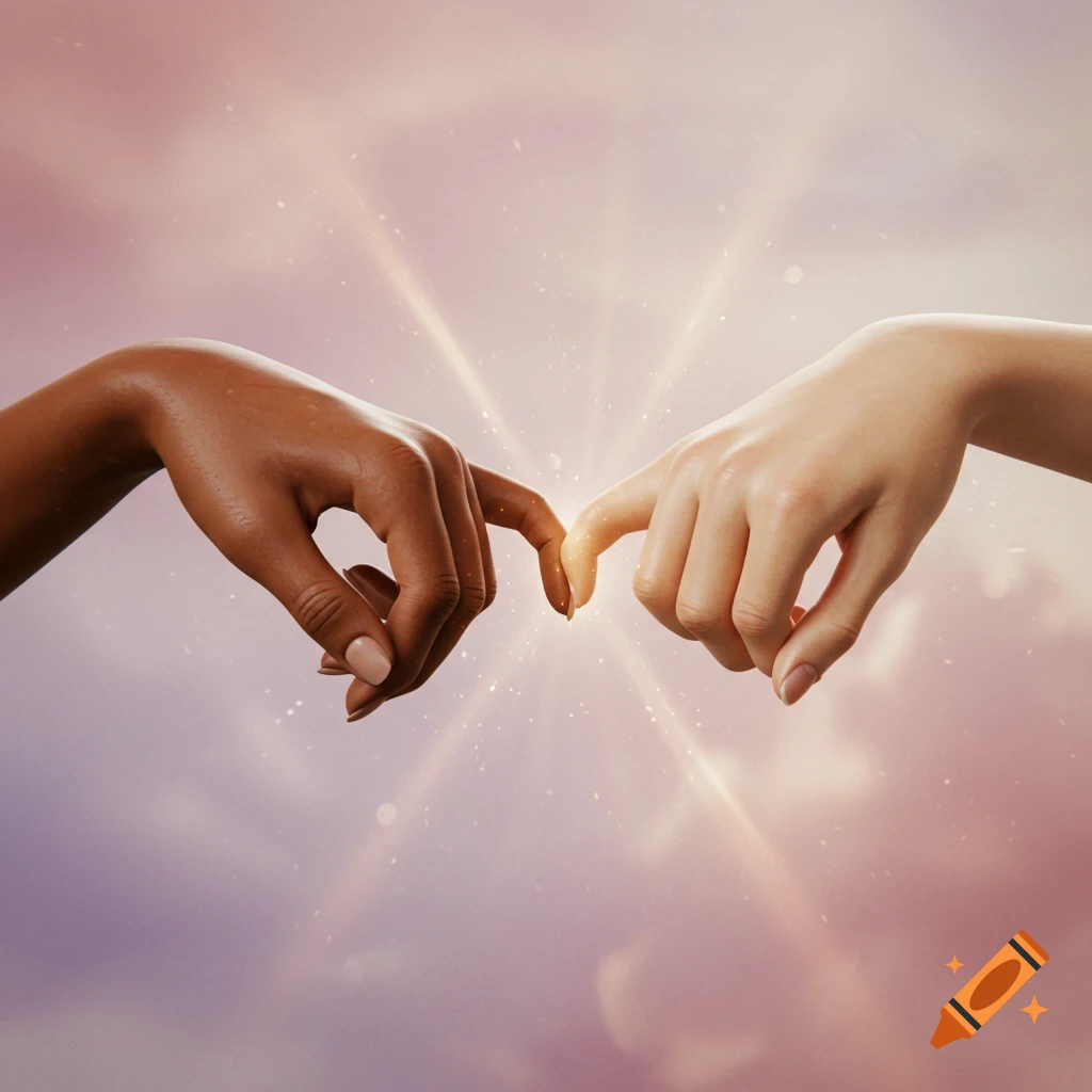 Two hands, one dark-skinned and one light-skinned, with index fingers touching and glowing brightly against a soft, pink and purple sky.