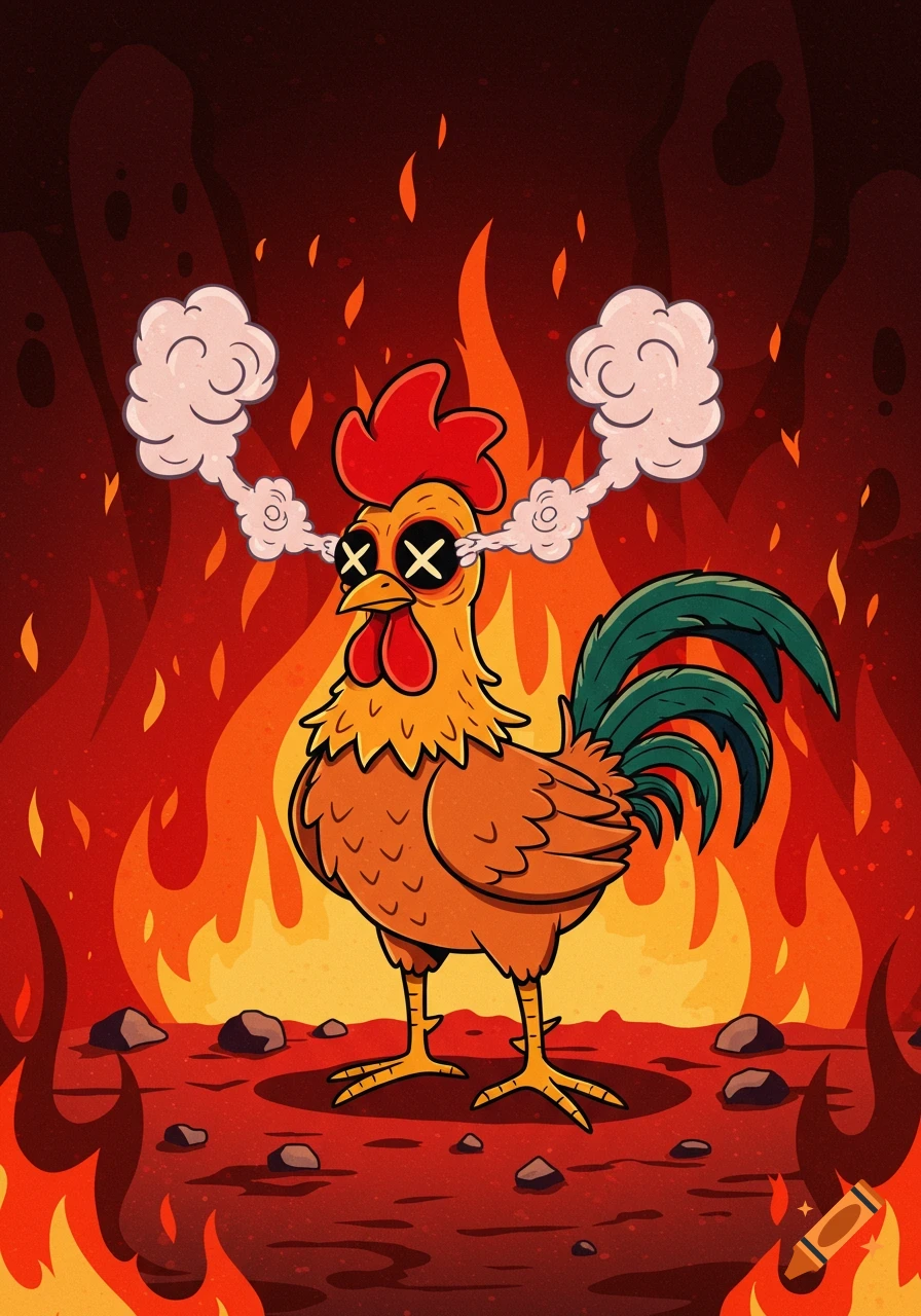 A funny cartoon rooster with X's for eyes and smoke from its ears stands in a hellish landscape engulfed in flames.