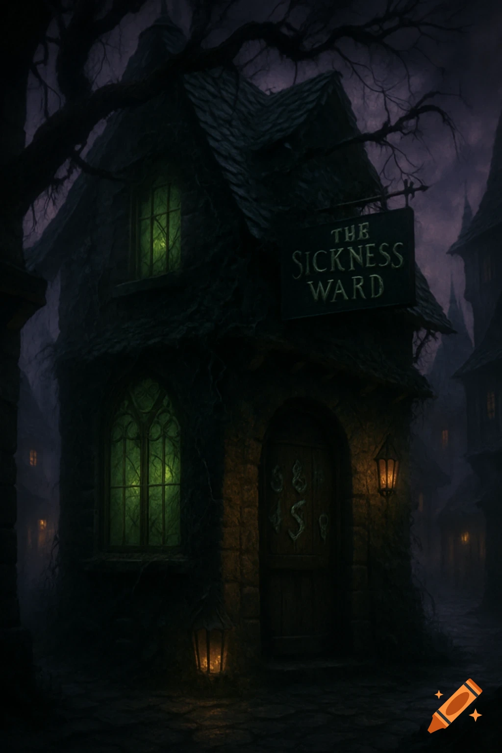 A dark, gothic-style building with glowing green windows and a sign reading 'The Sickness Ward' on a gloomy, foggy street at night.