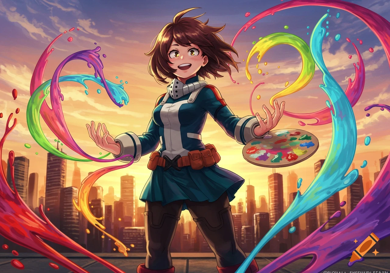 Anime-style Uraraka from My Hero Academia on a rooftop at sunset, holding a palette with colorful paint swirling around her.