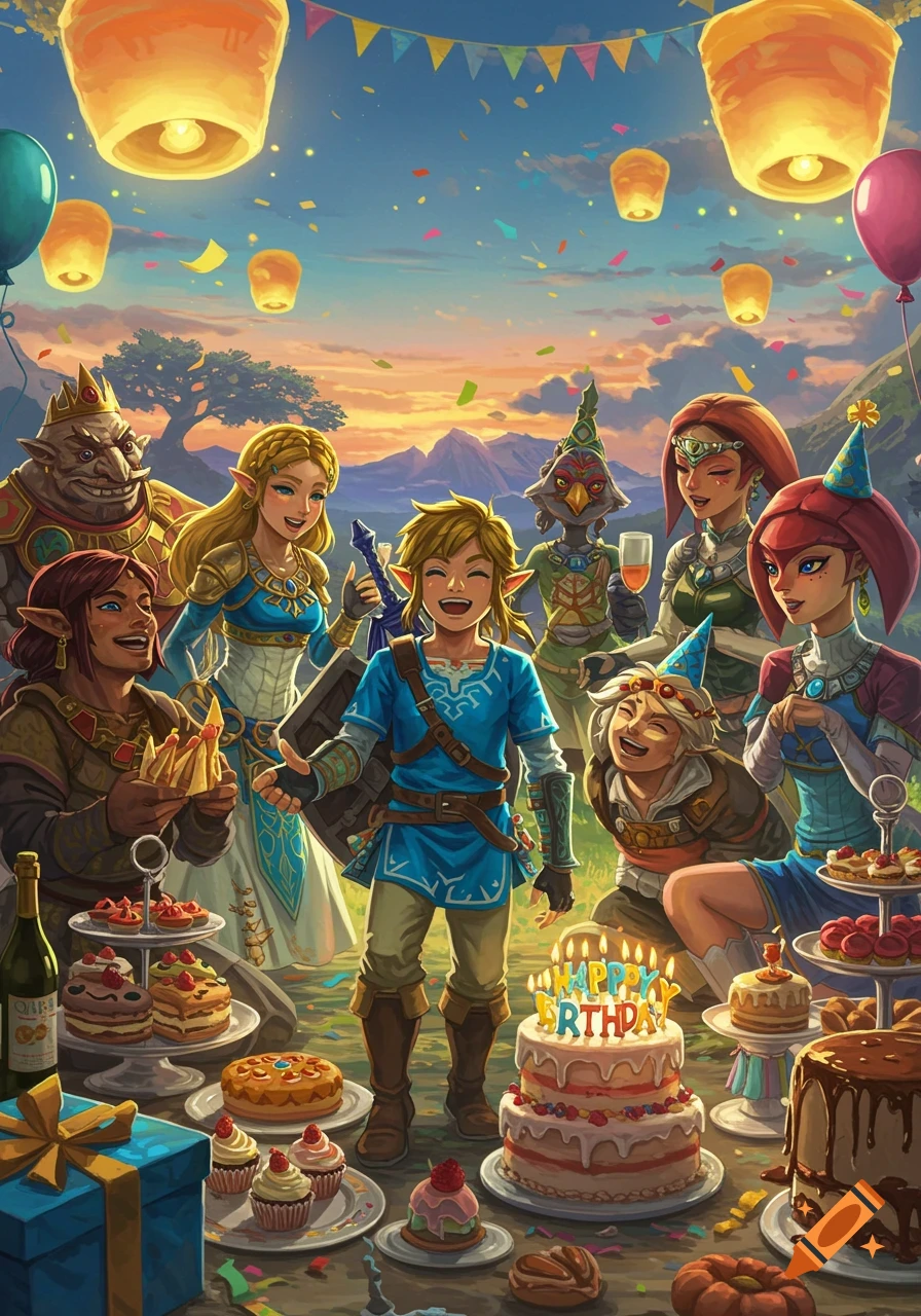 Link and other Breath of the Wild characters celebrate a birthday party outdoors with cakes, lanterns, and confetti.