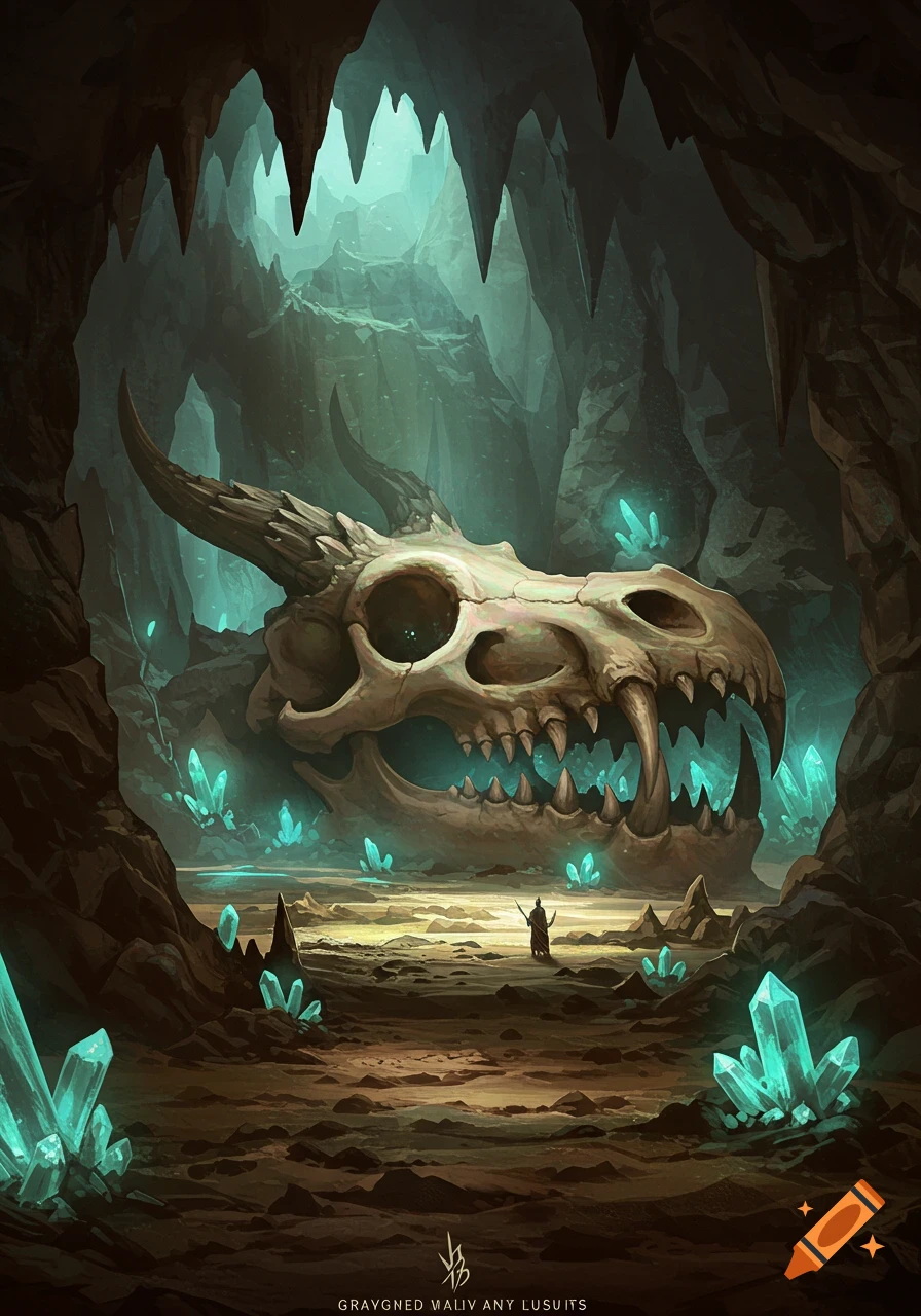 A small figure stands before an enormous dragon skull within a dark cave illuminated by glowing turquoise crystals in a fantasy art style.