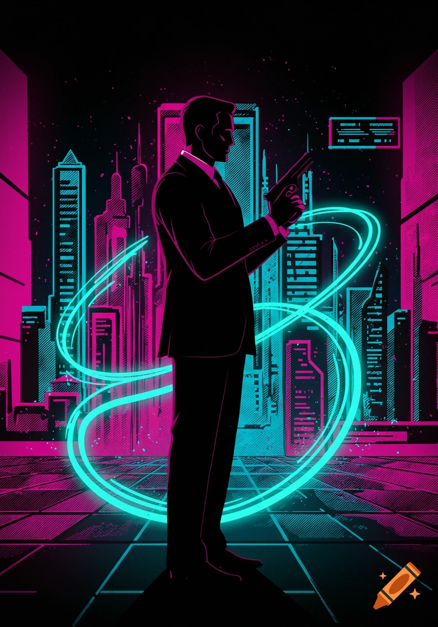 A black silhouette of a secret agent holding a gun in a futuristic cityscape with neon pink and cyan lights, stylized.