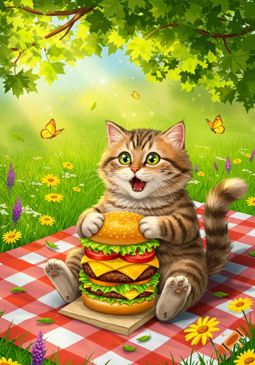A cute, happy, cartoon tabby cat sits on a red and white picnic blanket in a sunny field, holding a large burger.