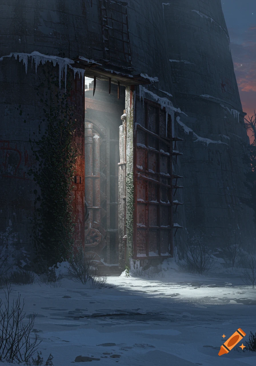 A snow-covered abandoned Soviet missile silo with a large, rusted metal door ajar, revealing a light-filled interior. Icicles hang from the ledge; a dark sky looms.