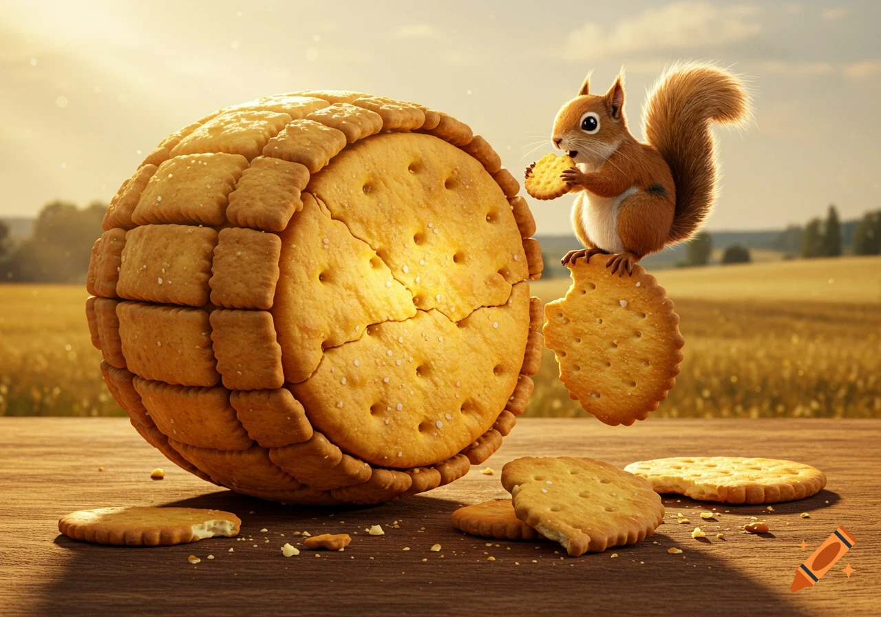 A photorealistic squirrel eats a cracker on a large sphere made of crackers, on a wooden surface with a field background.