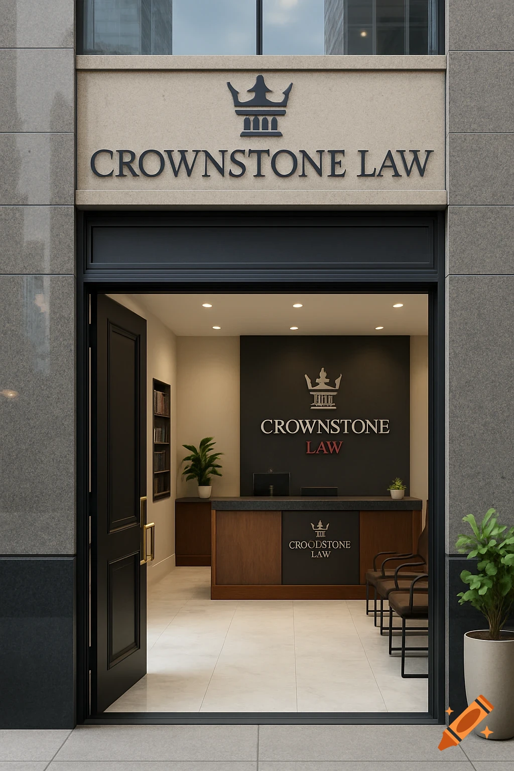 A photorealistic image of the entrance and reception area of a modern law firm, Crownstone Law, with sleek black and stone design.