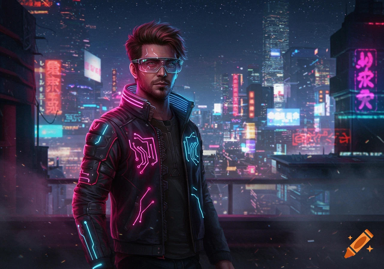 A man in a black glowing circuit jacket and futuristic glasses stands on a rooftop overlooking a neon-lit cyberpunk city at night.