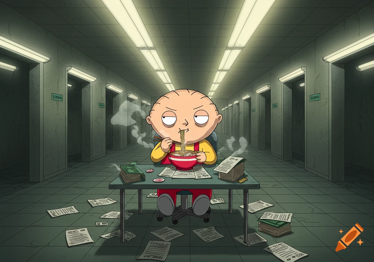 Stewie Griffin, a cartoon character, sits at a desk eating ramen with chopsticks, surrounded by papers in a drab hallway with elevators.