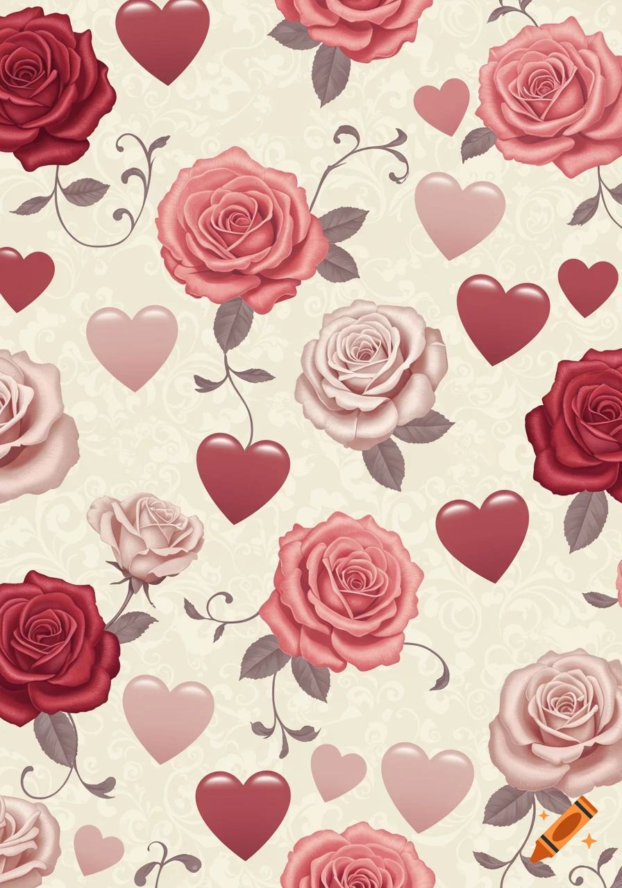 A seamless pattern of red, pink, and light pink roses with hearts and subtle scrollwork on a cream background.