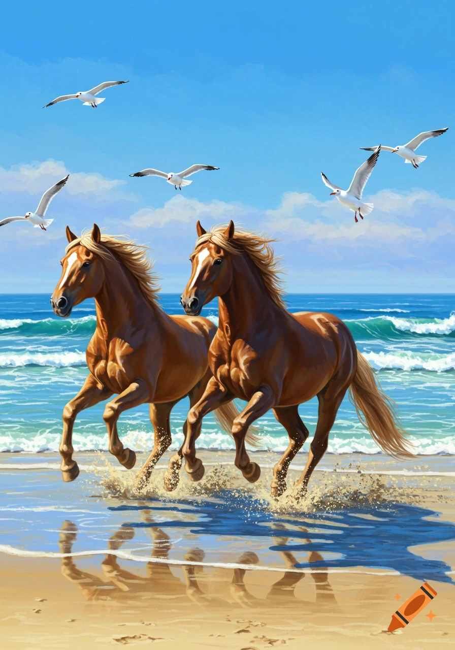 Two brown horses with flowing manes run through the shallow water on a sunny beach, with several seagulls flying in the sky.