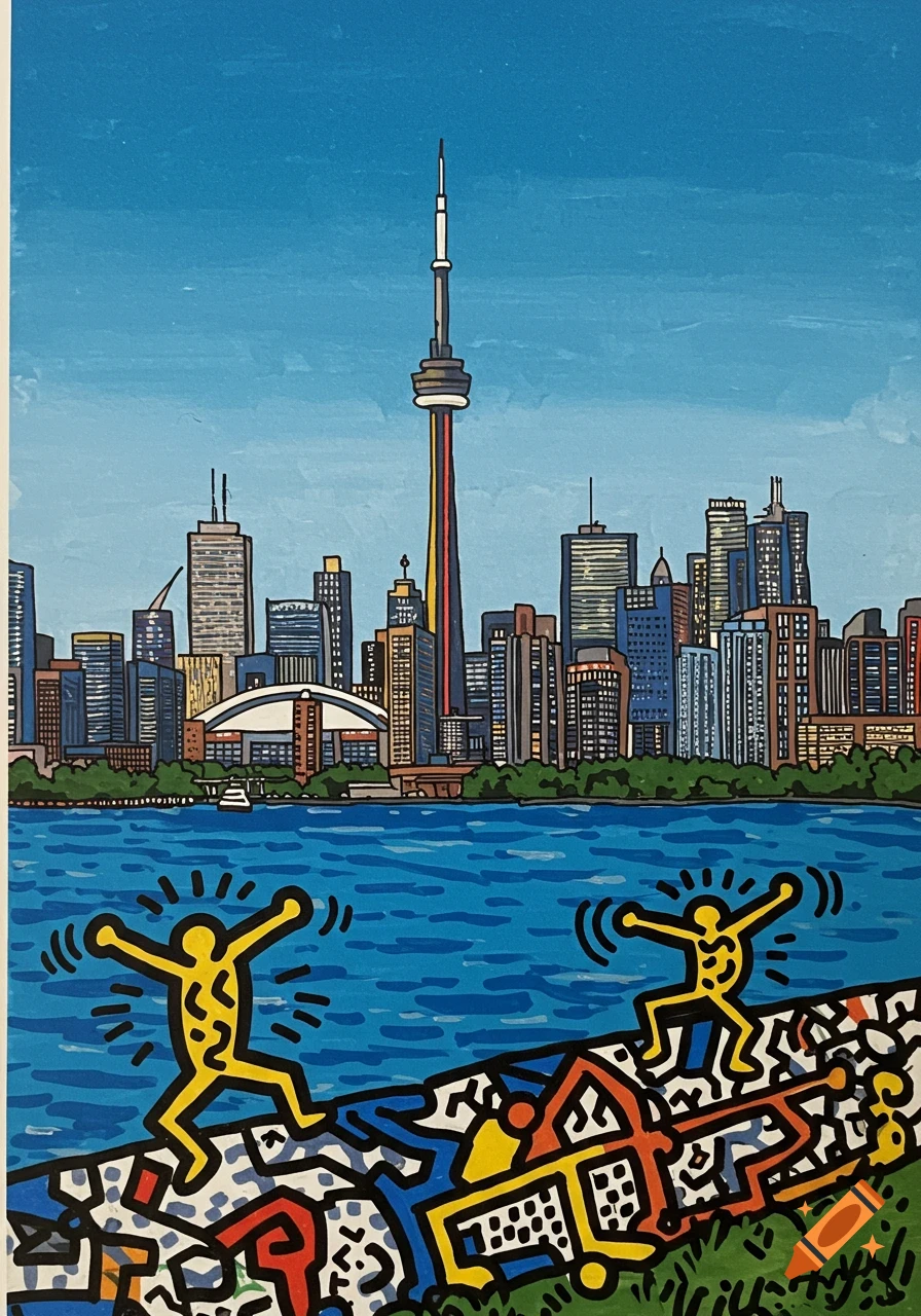 Colorful illustration of the Toronto waterfront and skyline, including the CN Tower, with Keith Haring-style figures dancing in the foreground.