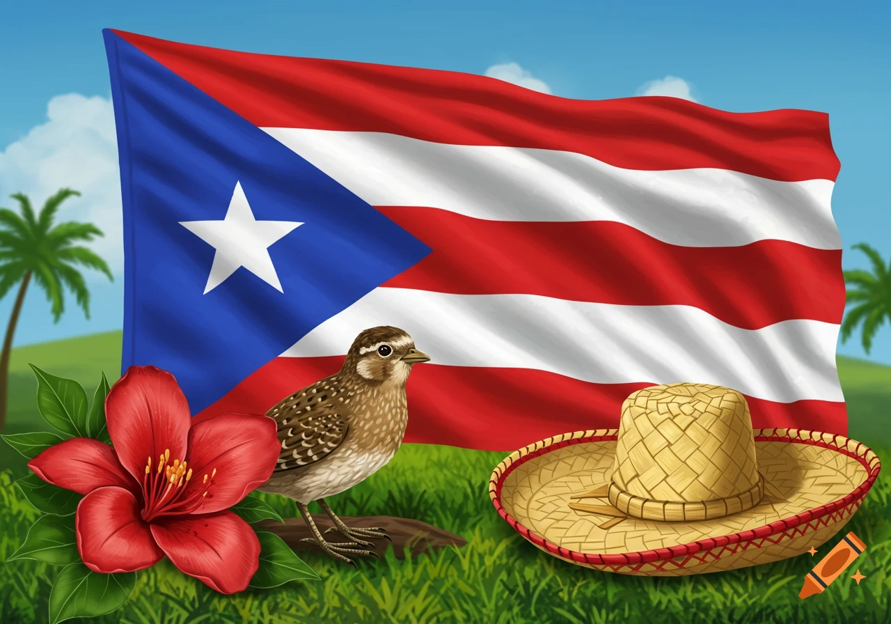 A vibrant illustration featuring the Puerto Rican flag, a brown bird, a red flower, and a straw hat on grass.