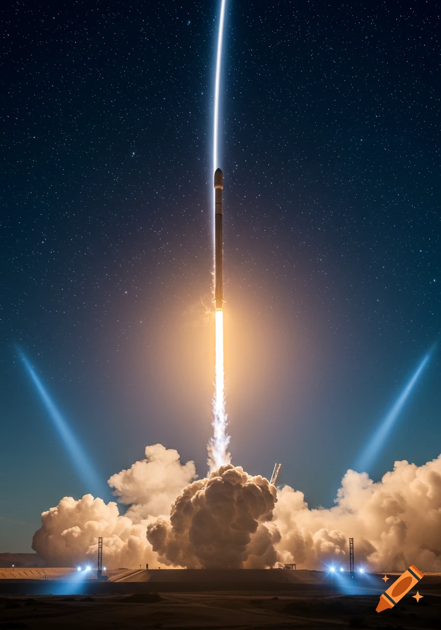 A photorealistic image of a rocket launching into a starry night sky, with bright orange flames and smoke billowing below.