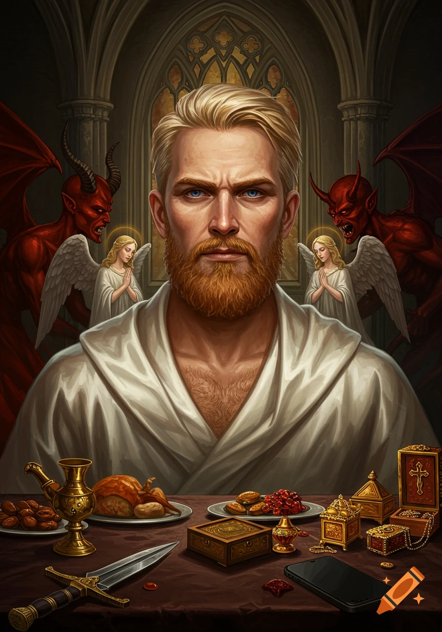 A detailed portrait of a blonde-haired, bearded man in a white robe, seated at a table with a feast, a dagger, and treasure boxes, flanked by angels and red-skinned demons in a gothic cathedral setting.