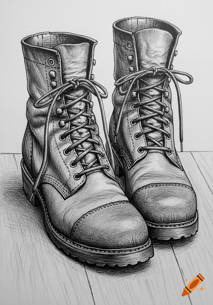 A detailed black and white sketch of two lace-up boots standing on a wooden surface.