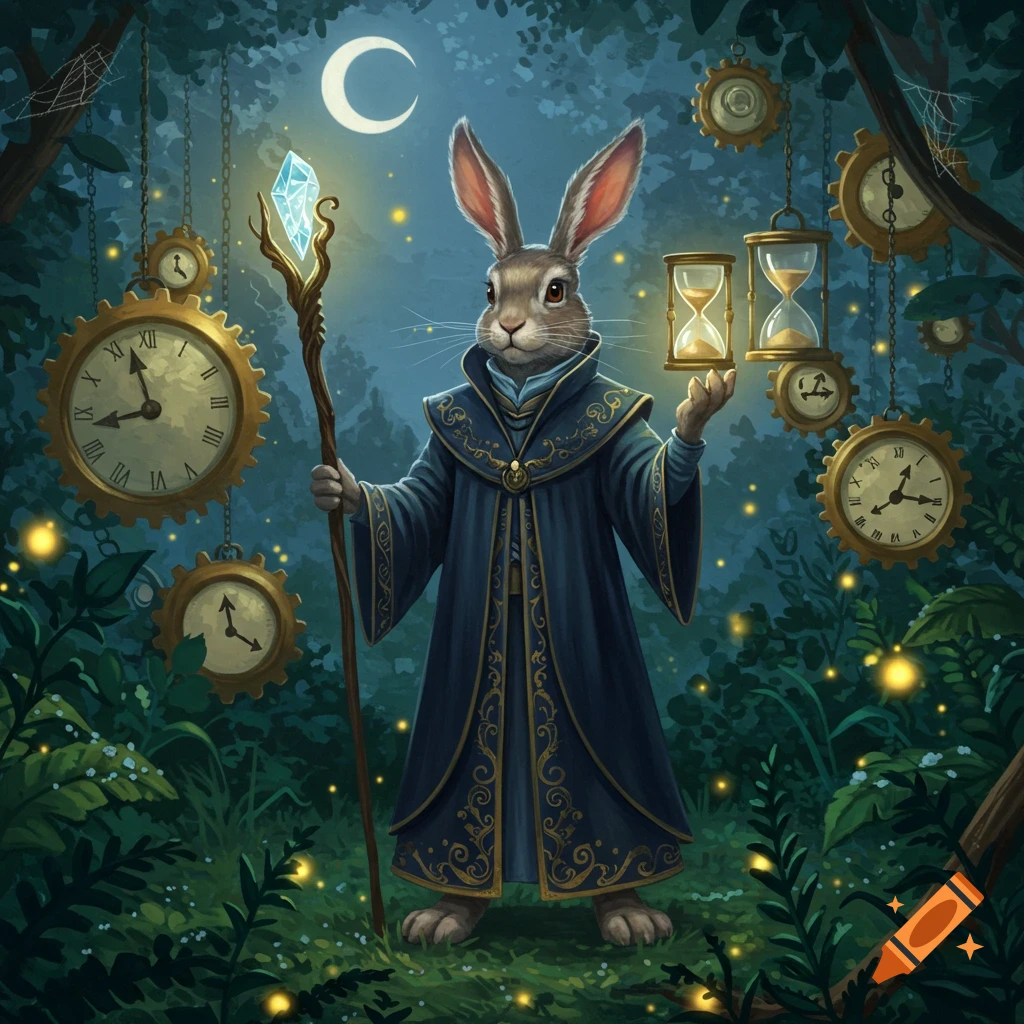 A wizard rabbit in a magical forest at night, holding a crystal staff and hourglasses, with clocks hanging from trees under a crescent moon.