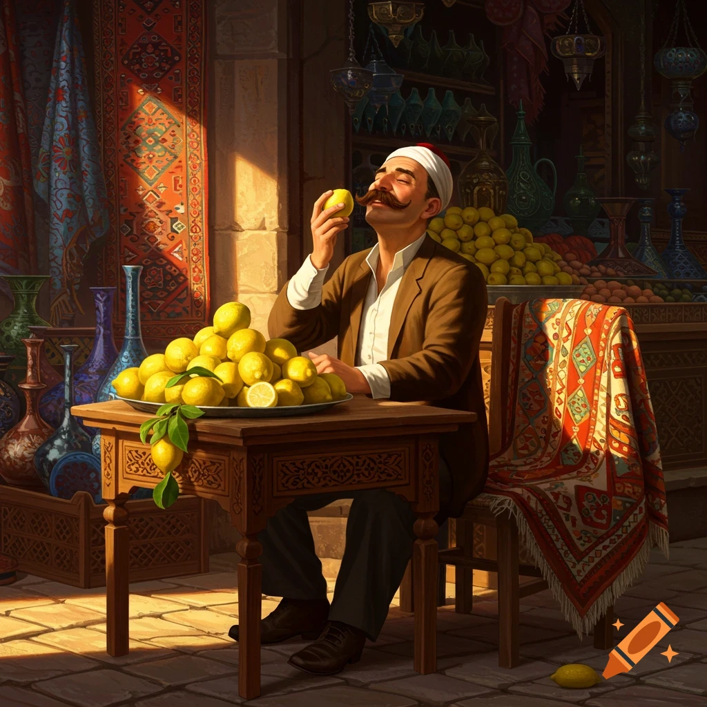 A Turkish man with a large mustache smells a lemon while sitting at a table piled with lemons in a vibrant, sunlit marketplace.