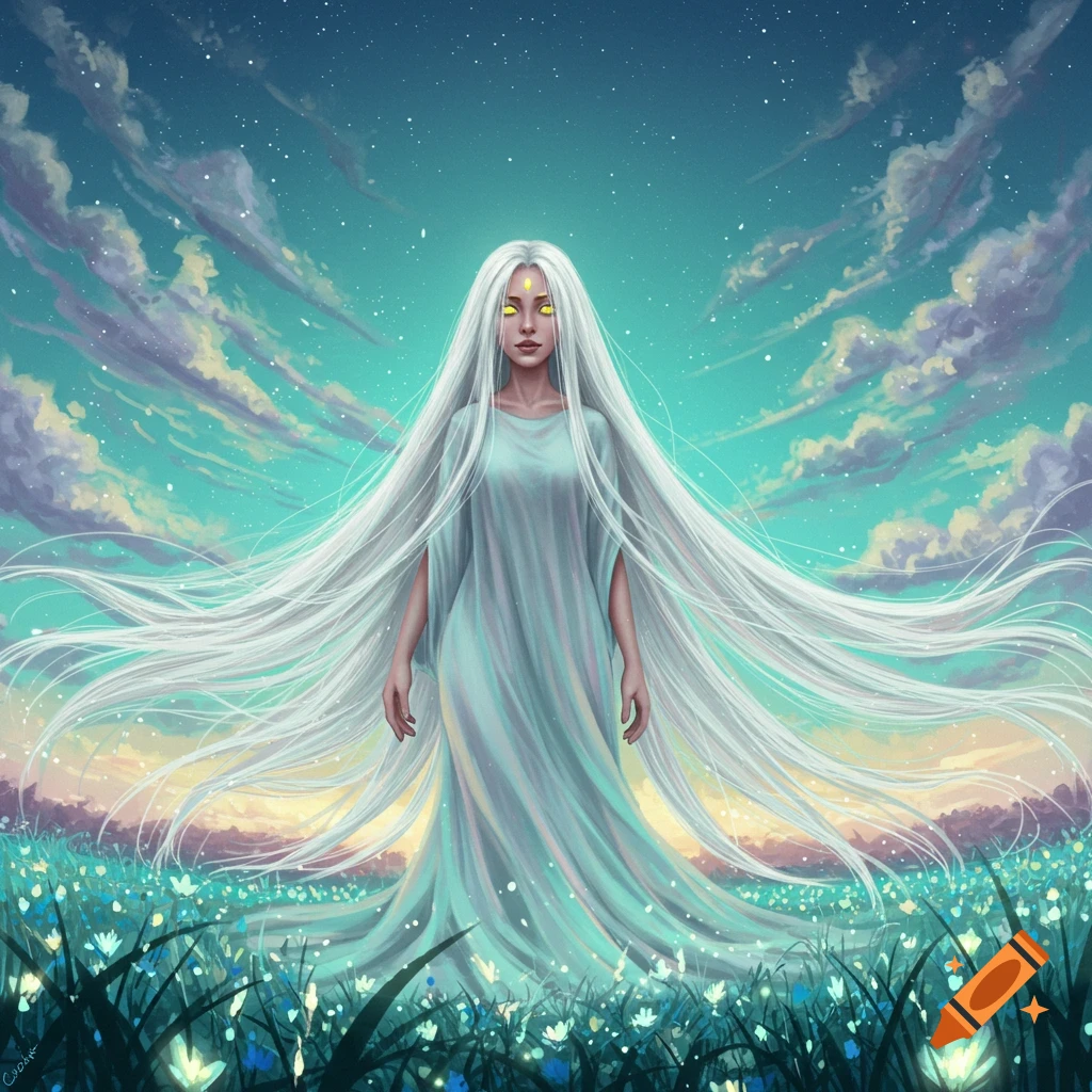 A fantasy woman with very long white hair and glowing yellow eyes stands in a field of glowing flowers under a starry, cloudy sky.