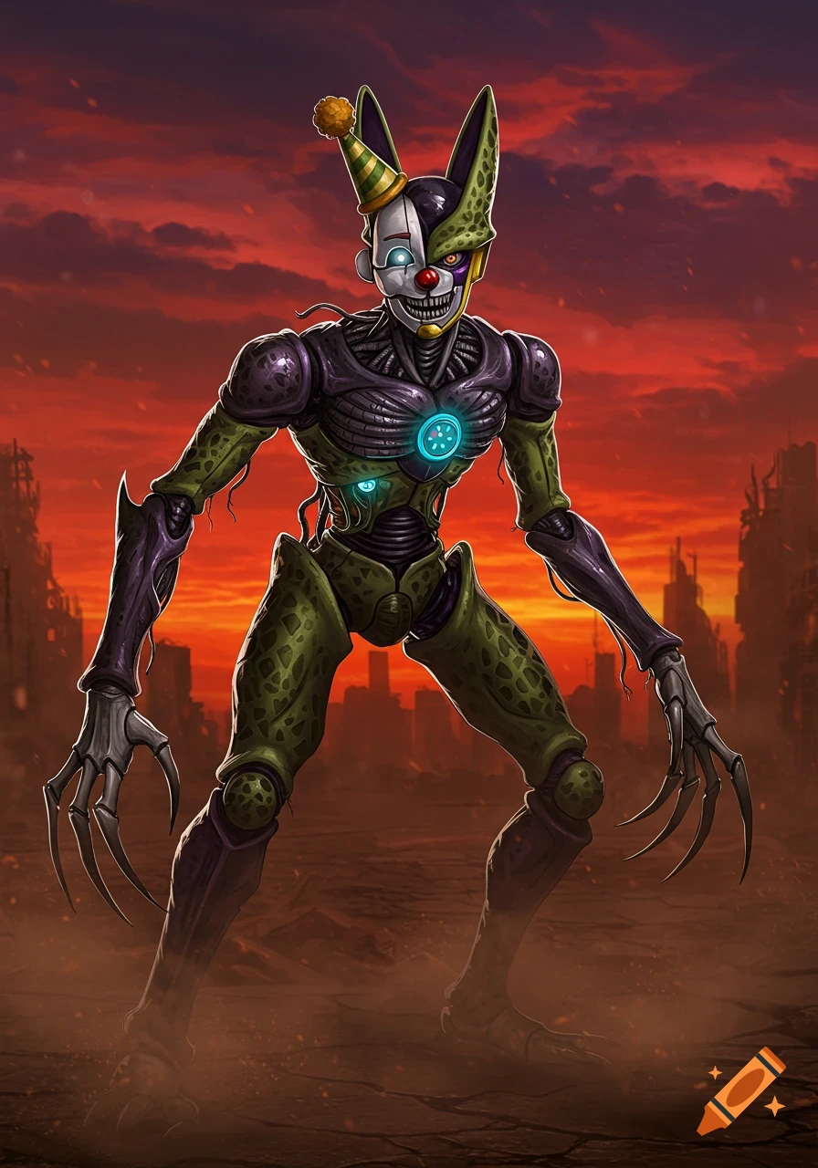 A full-body image of a monstrous creature, a blend of a clown and an insect-like android, standing in an apocalyptic red-skied landscape.