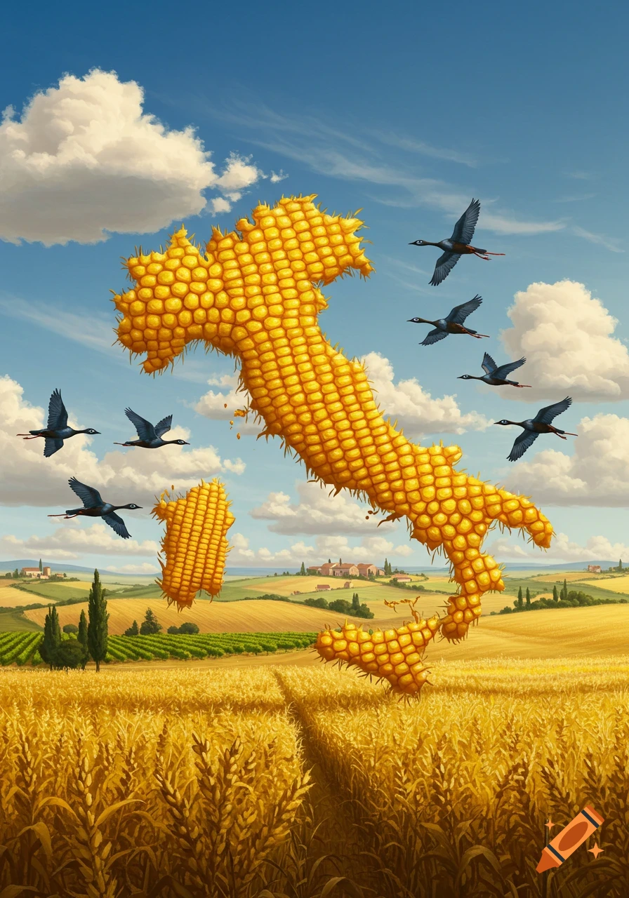 Surreal image of Italy shaped like an ear of corn floating above golden wheat fields, with birds flying nearby under a blue sky.