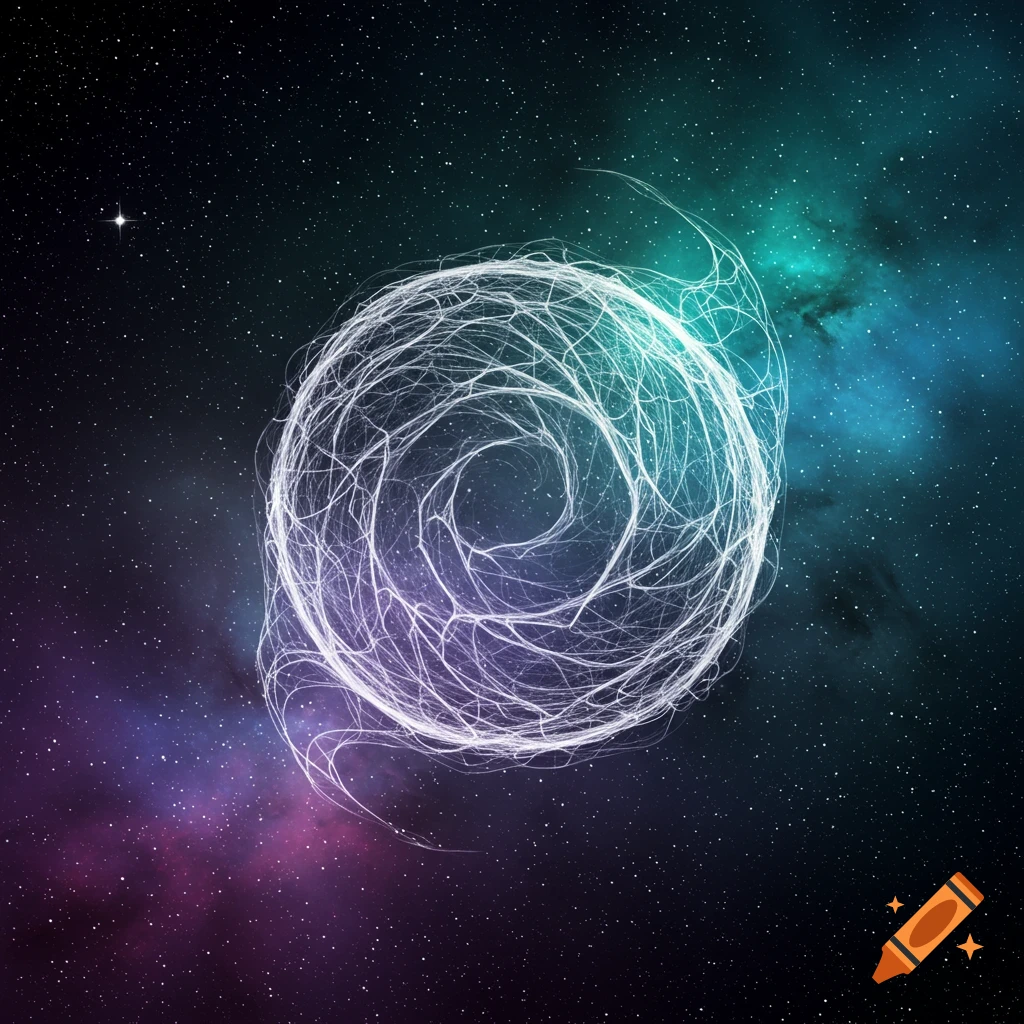 A glowing, swirling sphere of white energy or webbing against a starry, purple and teal cosmic nebula background.