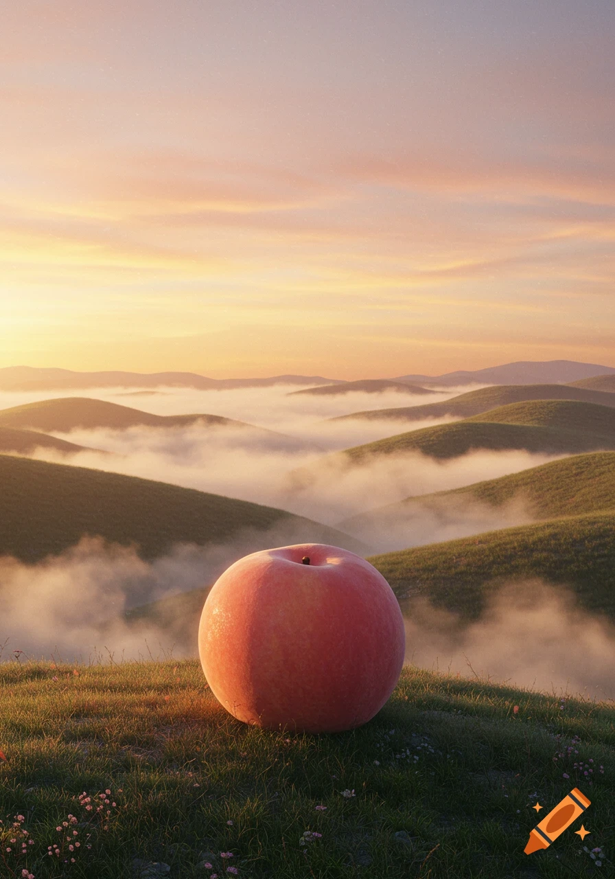 A giant peach sits on a grassy hill overlooking a misty valley at sunrise.