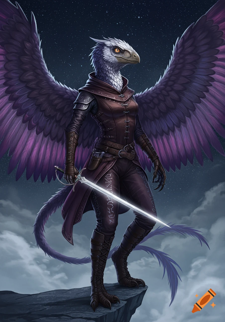 A white feathered raptor in rogue clothing, with large purple wings, stands on a rock holding a glowing shortsword, under a starry night sky.