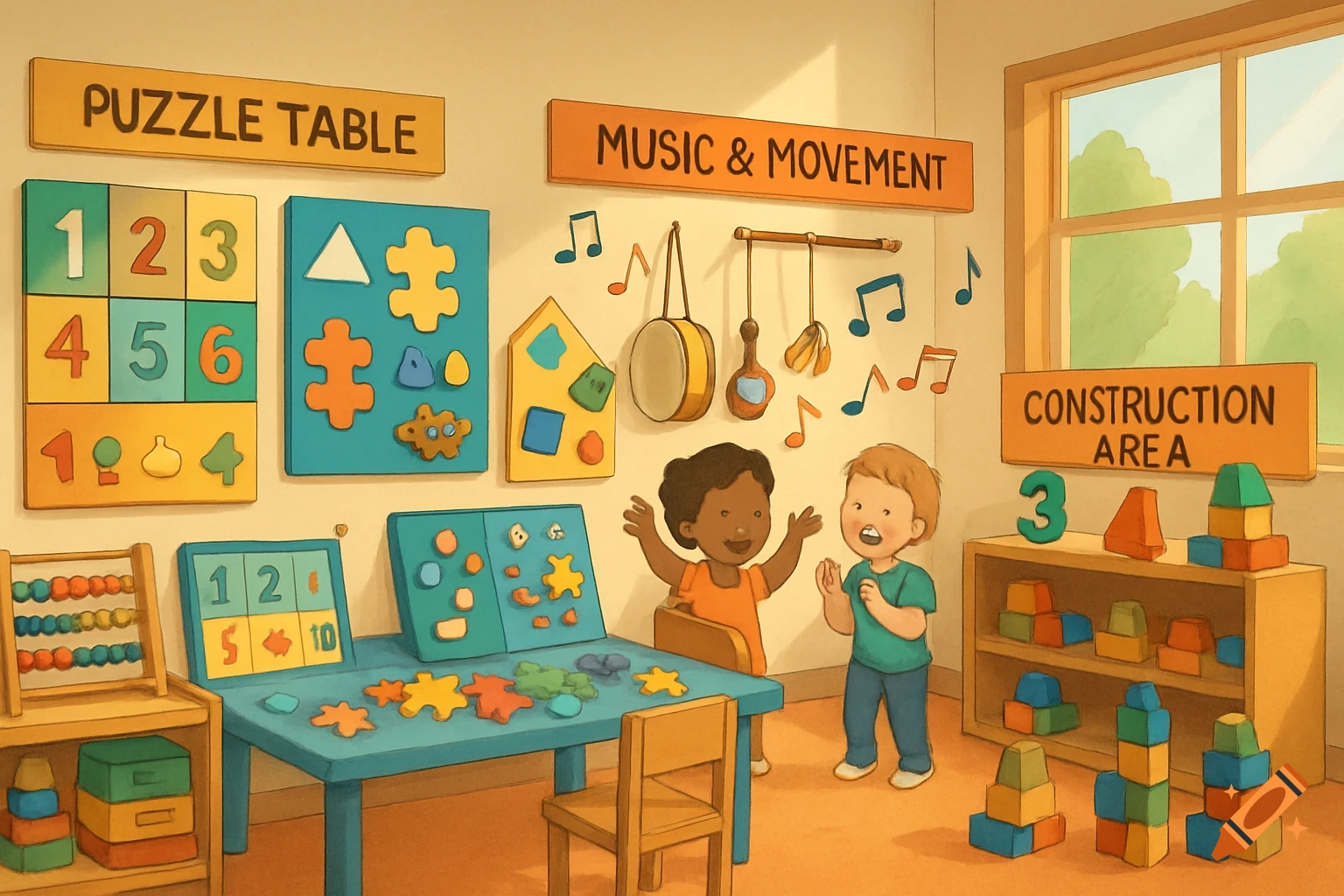 Illustration of a bright and colorful children's classroom with two kids playing among puzzle tables, music instruments, and building blocks.