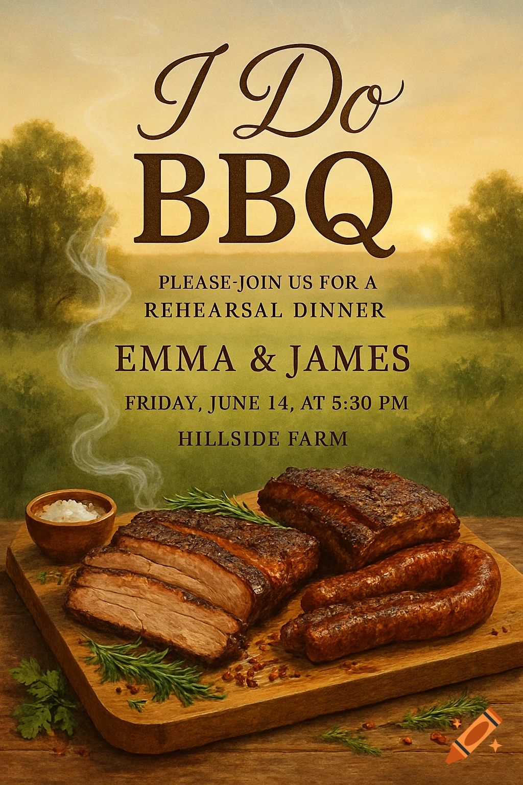 A rustic invitation for an 'I Do BBQ' rehearsal dinner, showing sliced brisket and sausages on a cutting board against a sunset landscape.