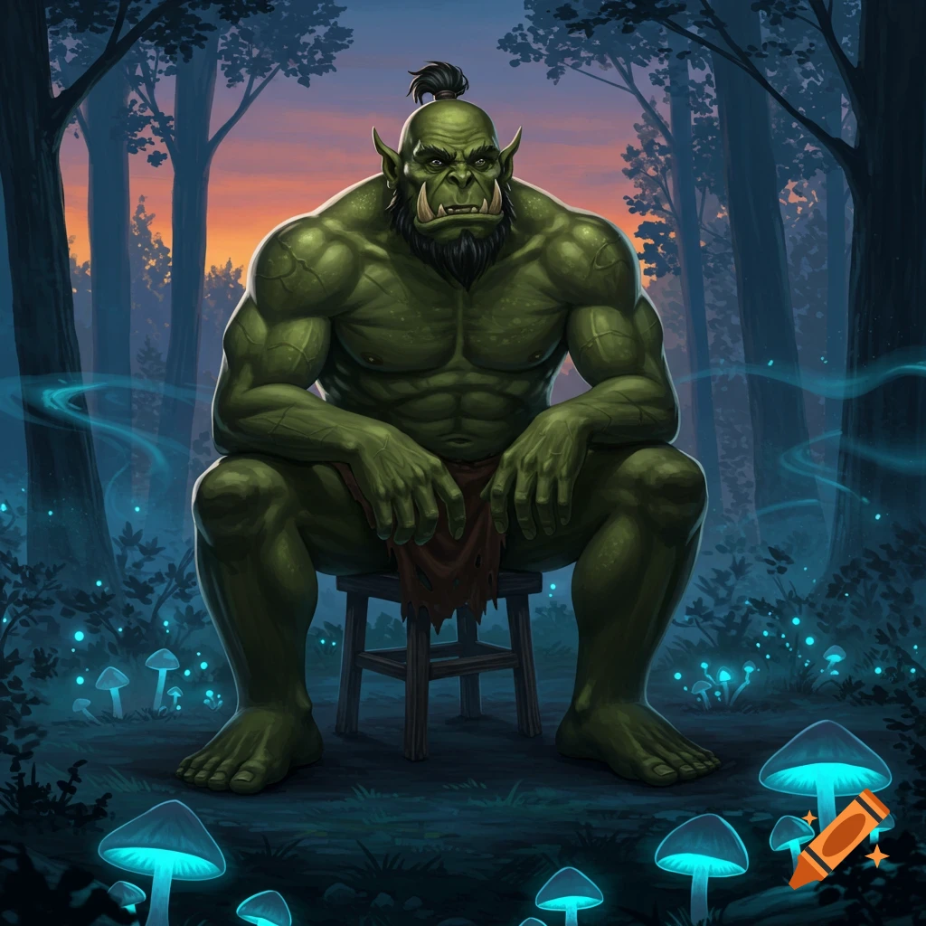 A muscular green orc with tusks and a topknot sits on a small stool in a dark forest surrounded by glowing blue mushrooms.