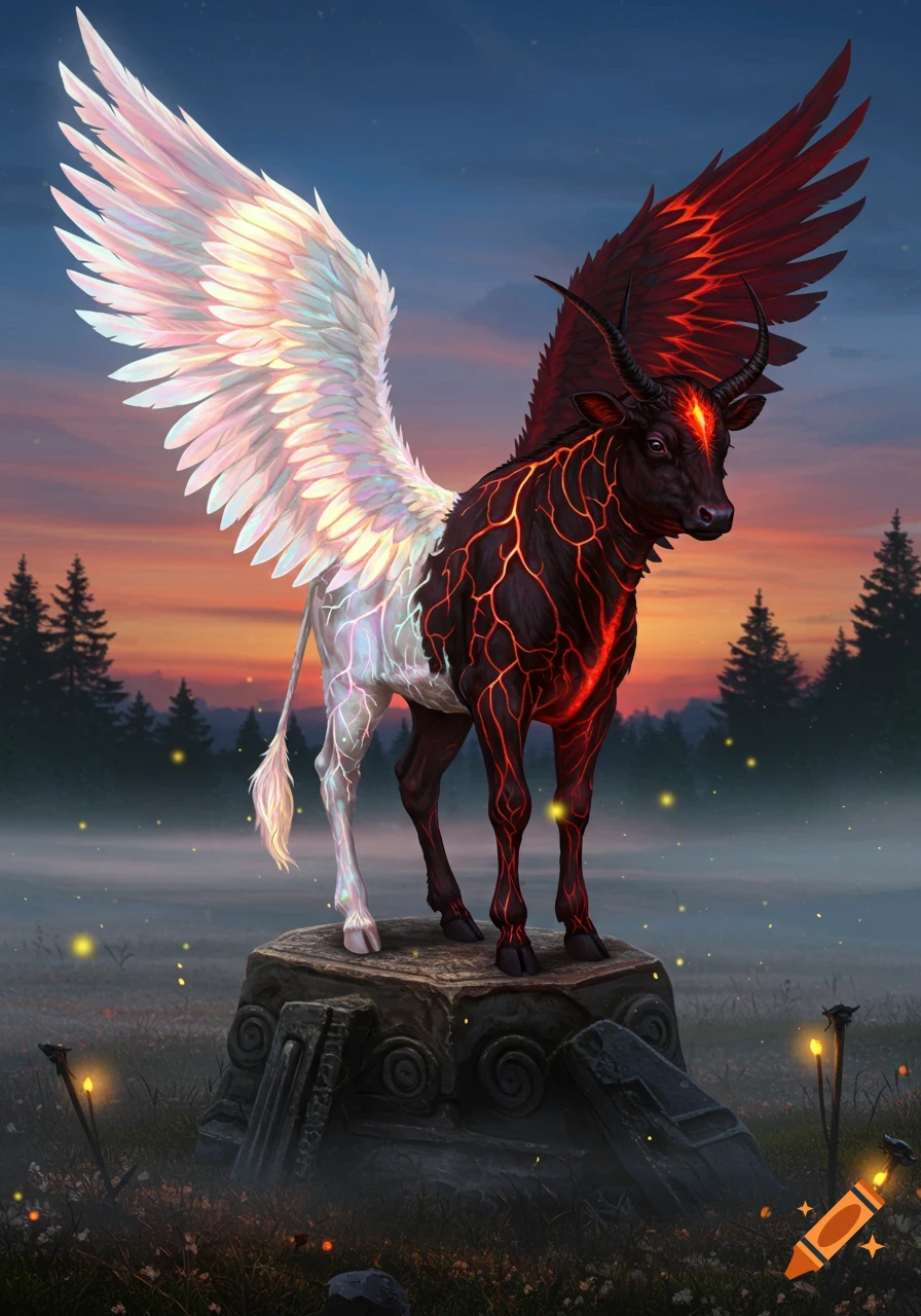A winged calf creature, half white and angelic with glowing veins, half black and demonic with red lava cracks, standing on a stone pedestal in a misty field at sunset.