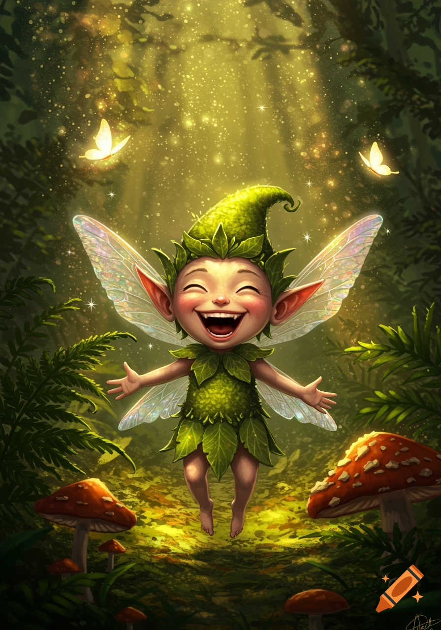 A cute, happy fairy in a magical forest clearing with glowing light and mushrooms, cartoon style.