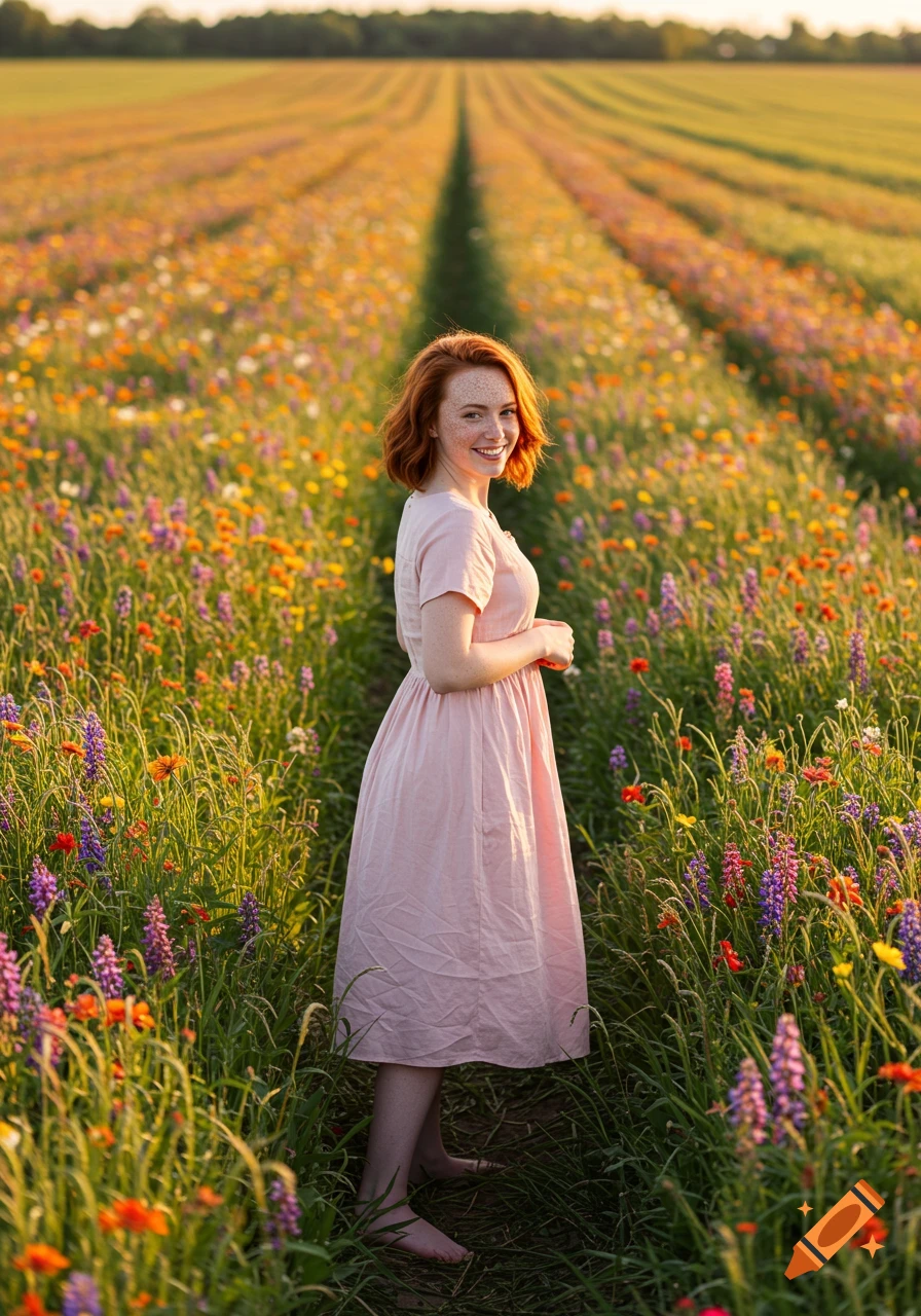A smiling young woman with red hair and freckles stands barefoot in a vibrant flower field at sunset.
