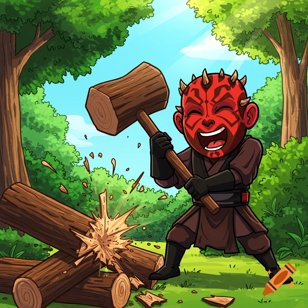 A joyous, cartoonish Darth Maul chops wood with a large wooden maul in a bright forest clearing.