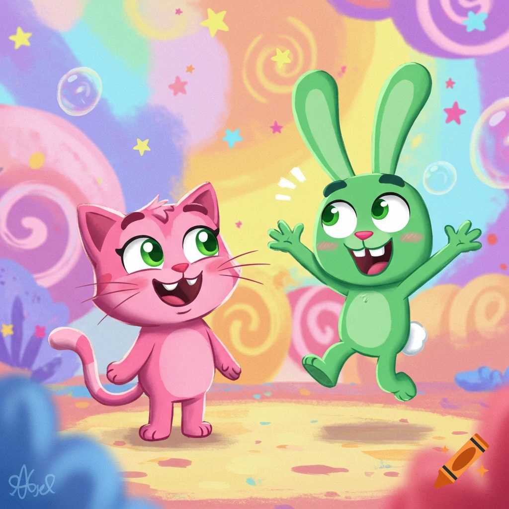 A cheerful pink cartoon cat and a green cartoon bunny jumping in a vibrant, whimsical candy-themed world with swirls and stars.
