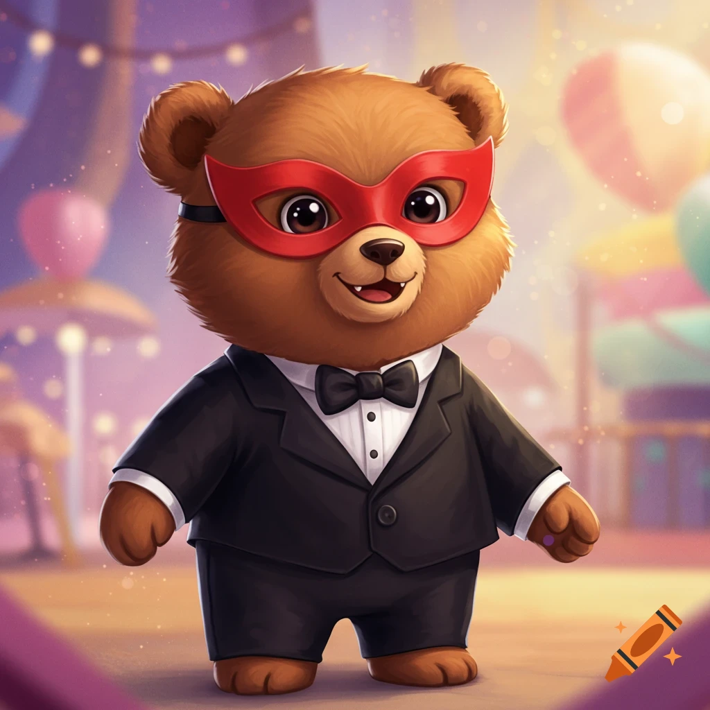 A cute cartoon bear cub in a black tuxedo and red mask, smiling in a magical carnival setting.