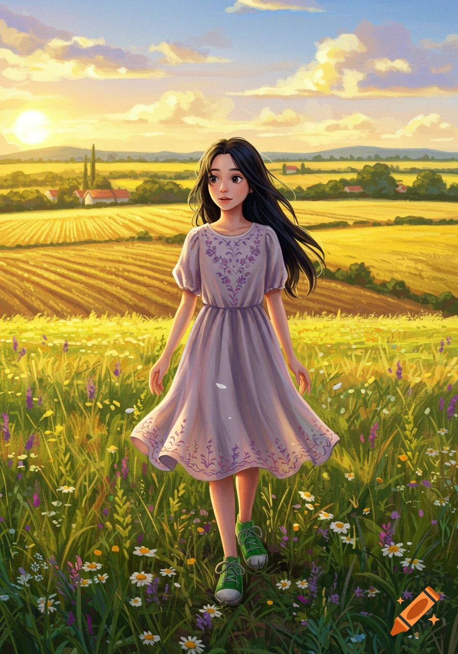 An illustrative image of a young girl with black hair and a purple dress standing in a golden field of wildflowers at sunset.