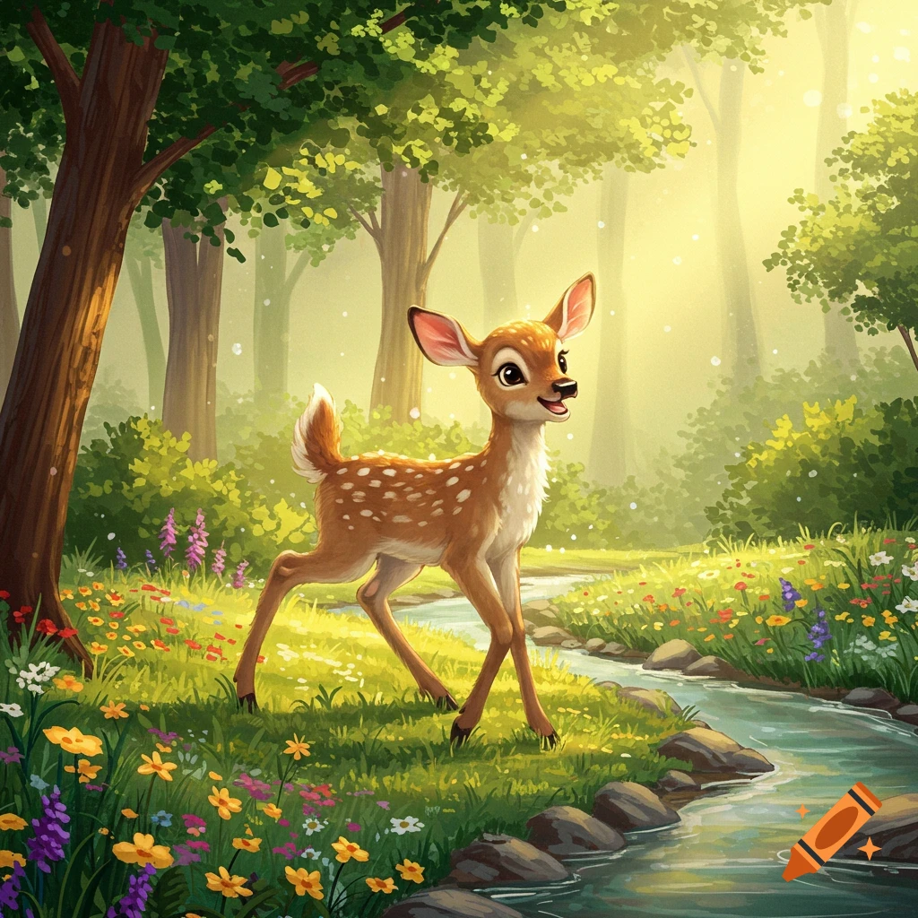 A cute, stylized fawn with large eyes stands in a sun-dappled forest clearing next to a winding stream, surrounded by colorful wildflowers and lush green trees.