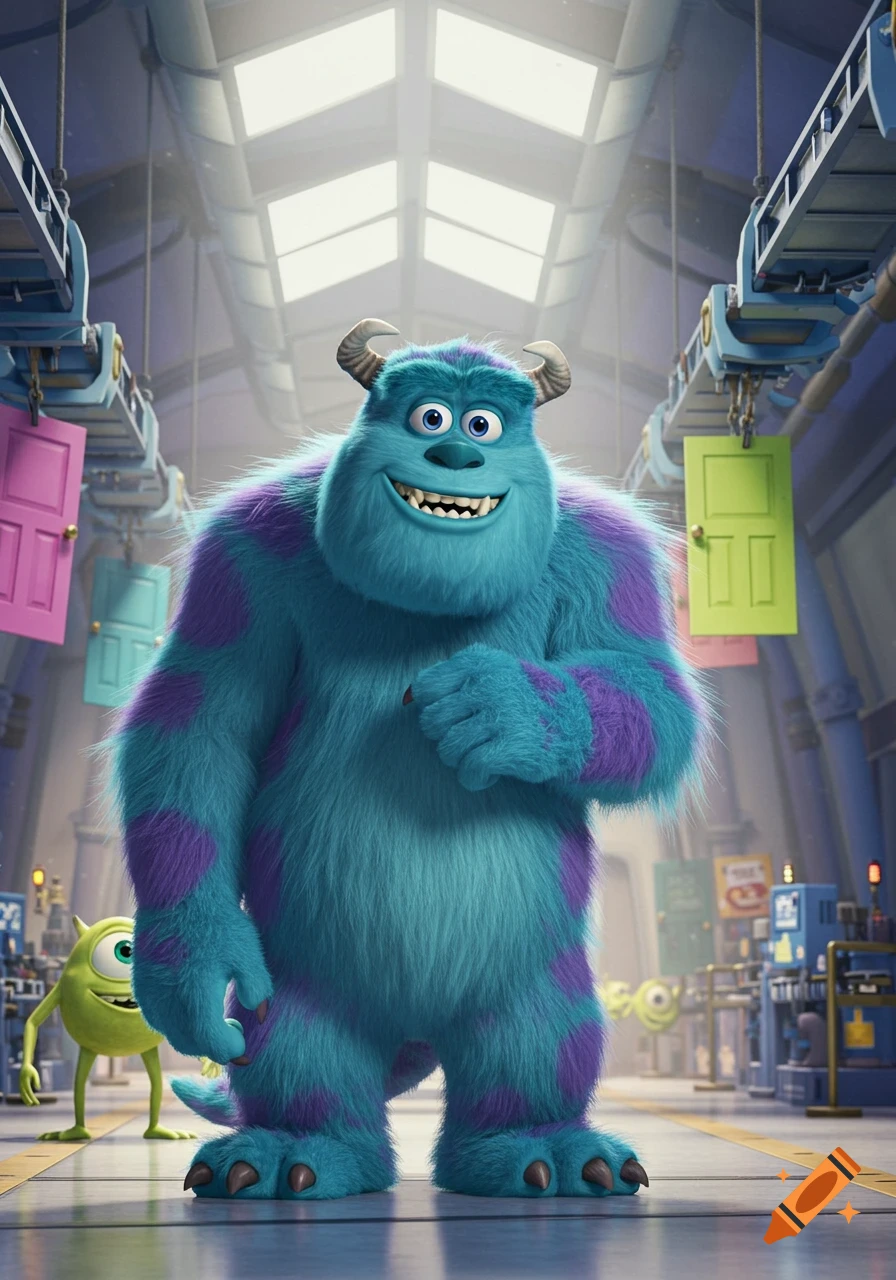 Sulley from Monsters Inc. smiles while standing in the door factory, with Mike Wazowski in the background.