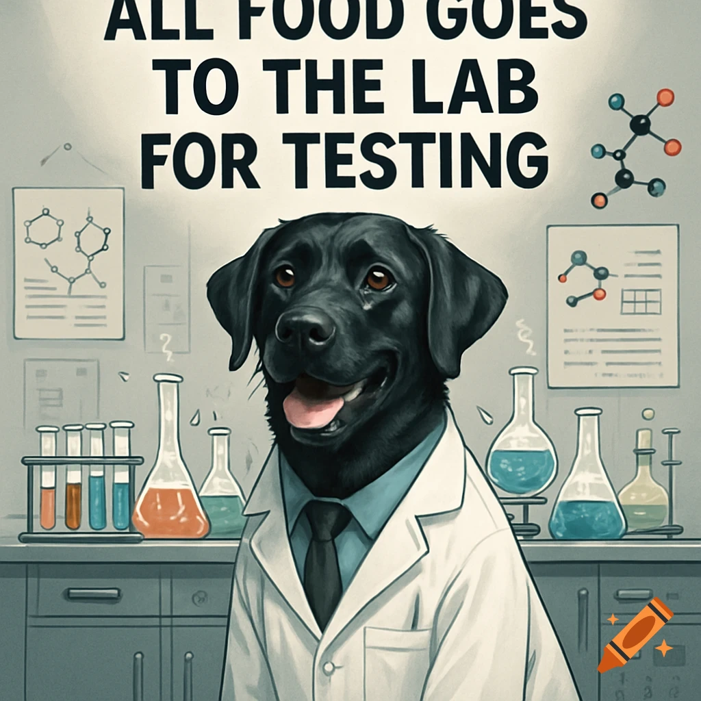 A black Labrador retriever dog wears a white lab coat and tie in a cartoon-style laboratory with test tubes and beakers, under the caption 'ALL FOOD GOES TO THE LAB FOR TESTING'.