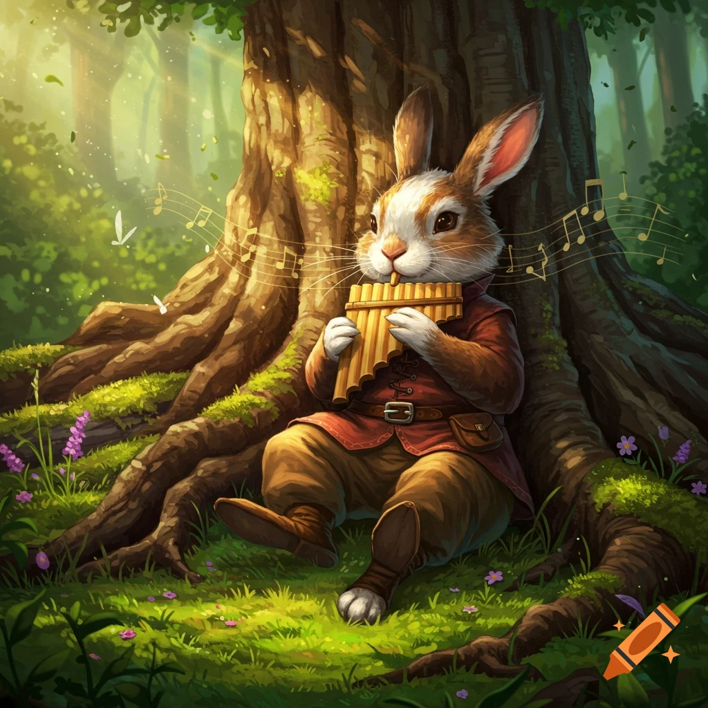 A realistic illustration of a rabbit dressed in rustic clothing playing a pan flute at the base of a large tree in a sunlit forest.