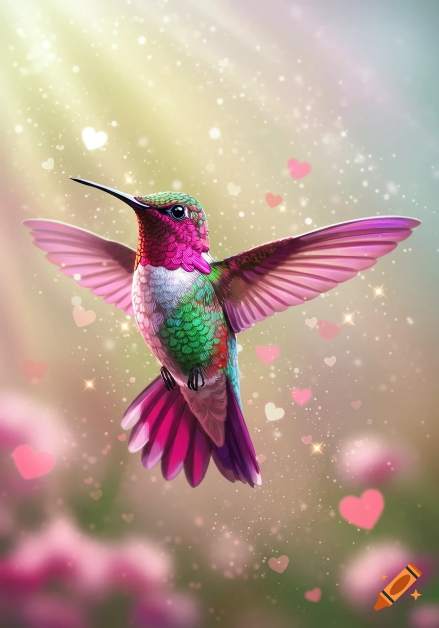 A vibrant, colorful hummingbird with pink and green feathers flies amidst glowing hearts and sparkles.