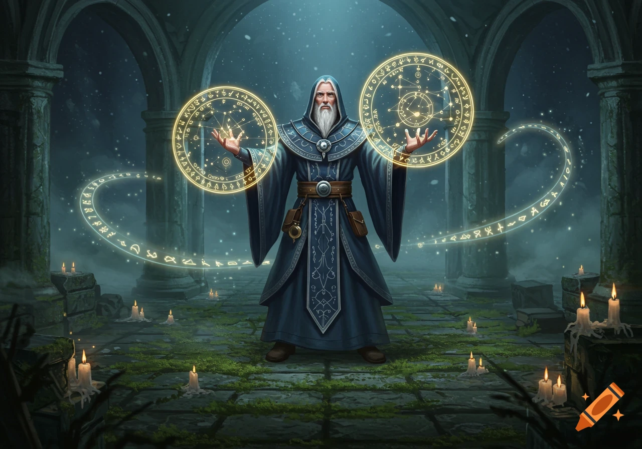 A robed wizard with glowing eyes casts a spell, surrounded by intricate ...