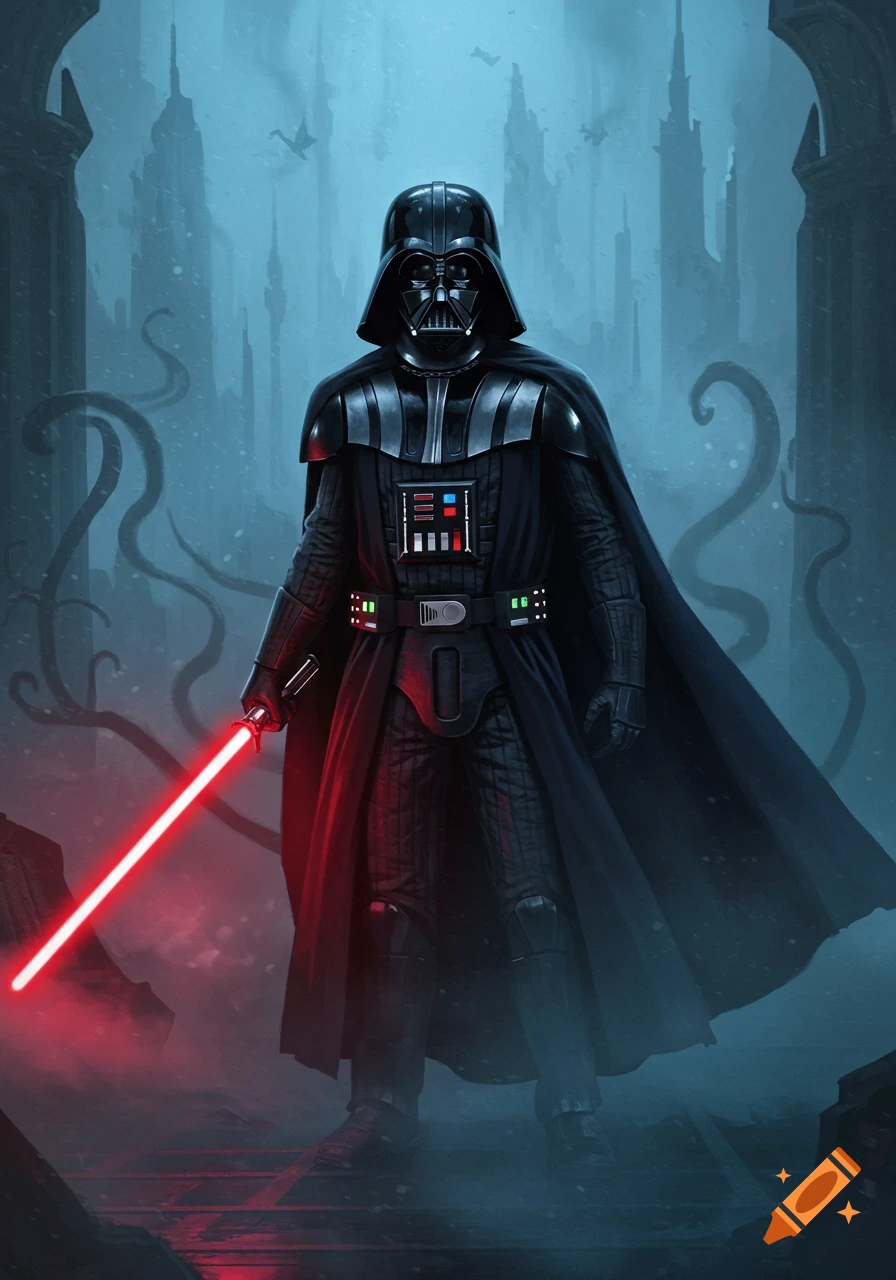 Darth Vader stands with a glowing red lightsaber in a mysterious, foggy, fantasy-style landscape with dark, looming structures.