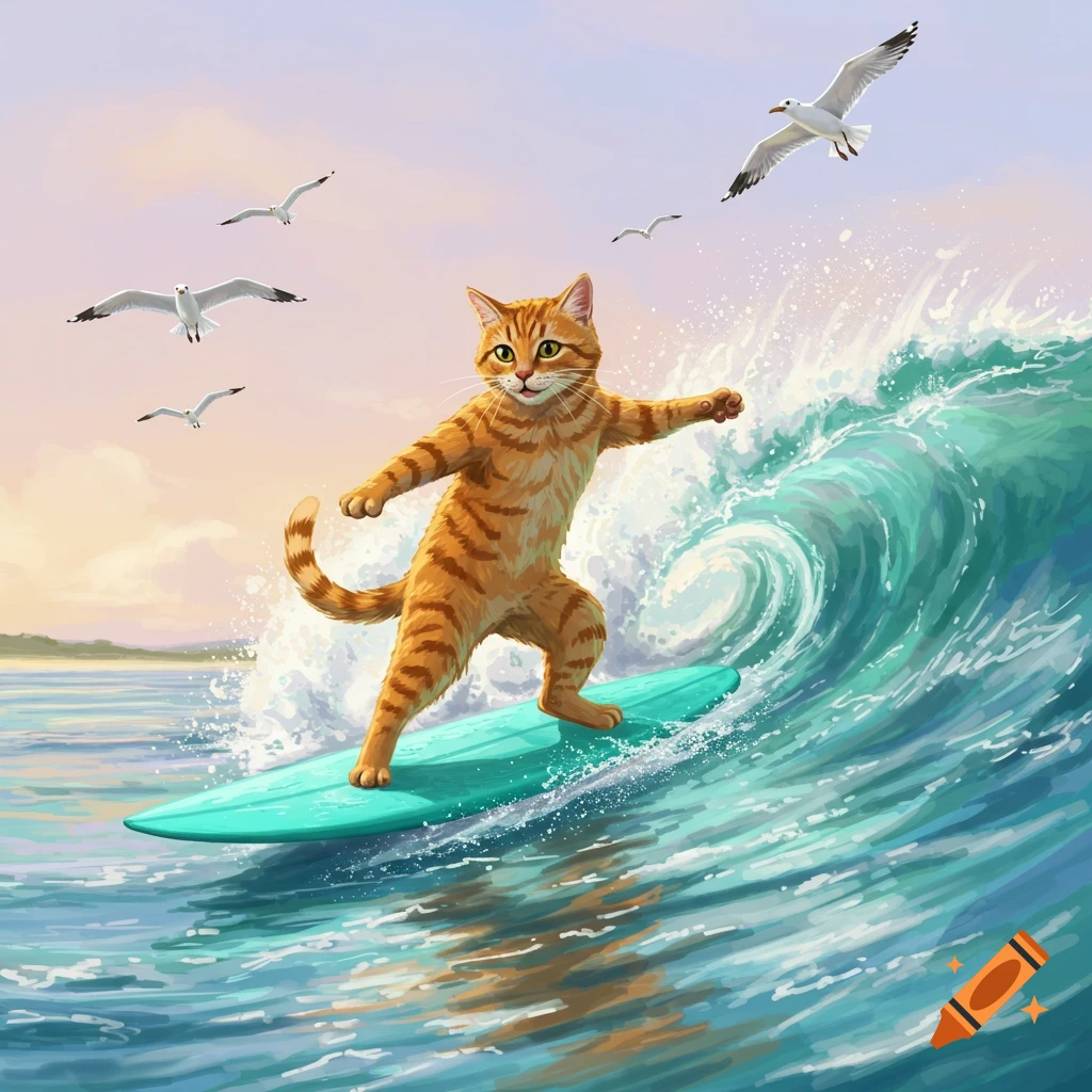 An anthropomorphic orange tabby cat stands on a turquoise surfboard, riding a large wave in the ocean under a clear sky with seagulls flying.