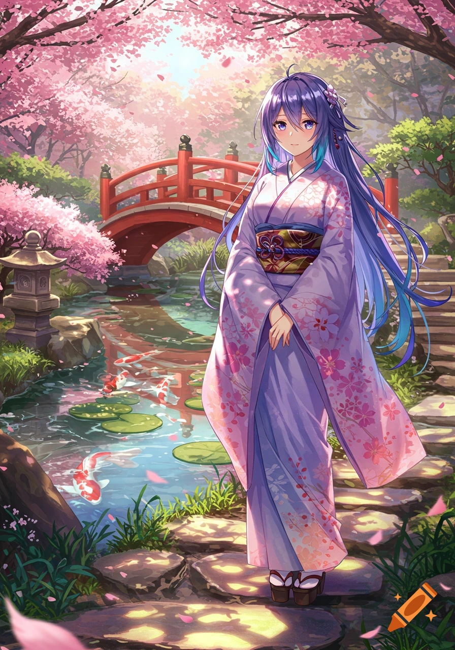 Anime woman in purple kimono in a Japanese garden with pink cherry blossoms, red bridge, koi pond, and stone lantern.